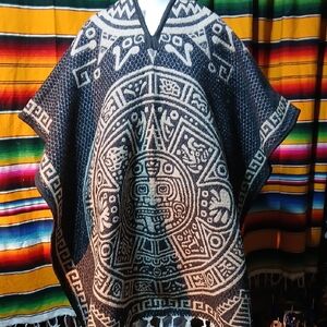 Mexican Poncho Aztec Patterned Black and White Poncho